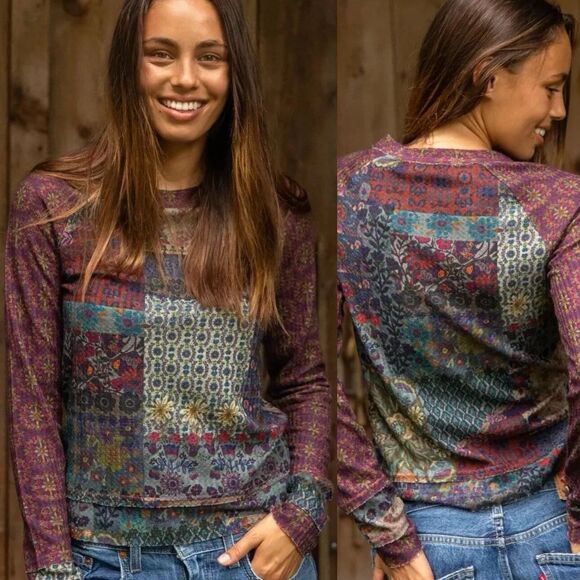 Natural Life Natural Life Elle Raglan Thermal Top in Mandala Borders Patchwork M - Picture 1 of 5